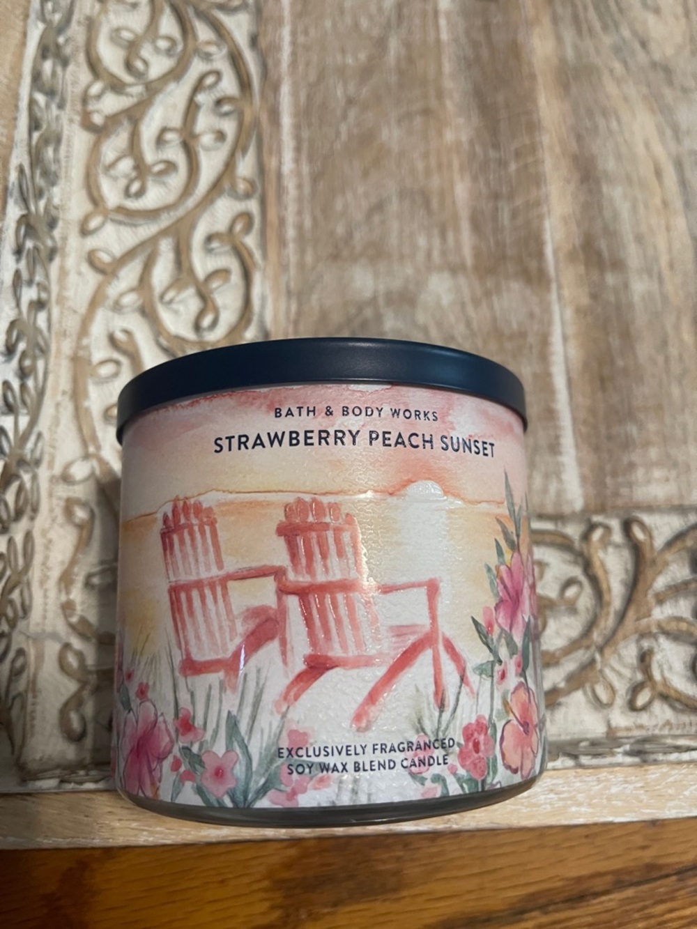 Bath & Body Works Strawberry Peach Sunset Candle - Pink & Coral Artwork